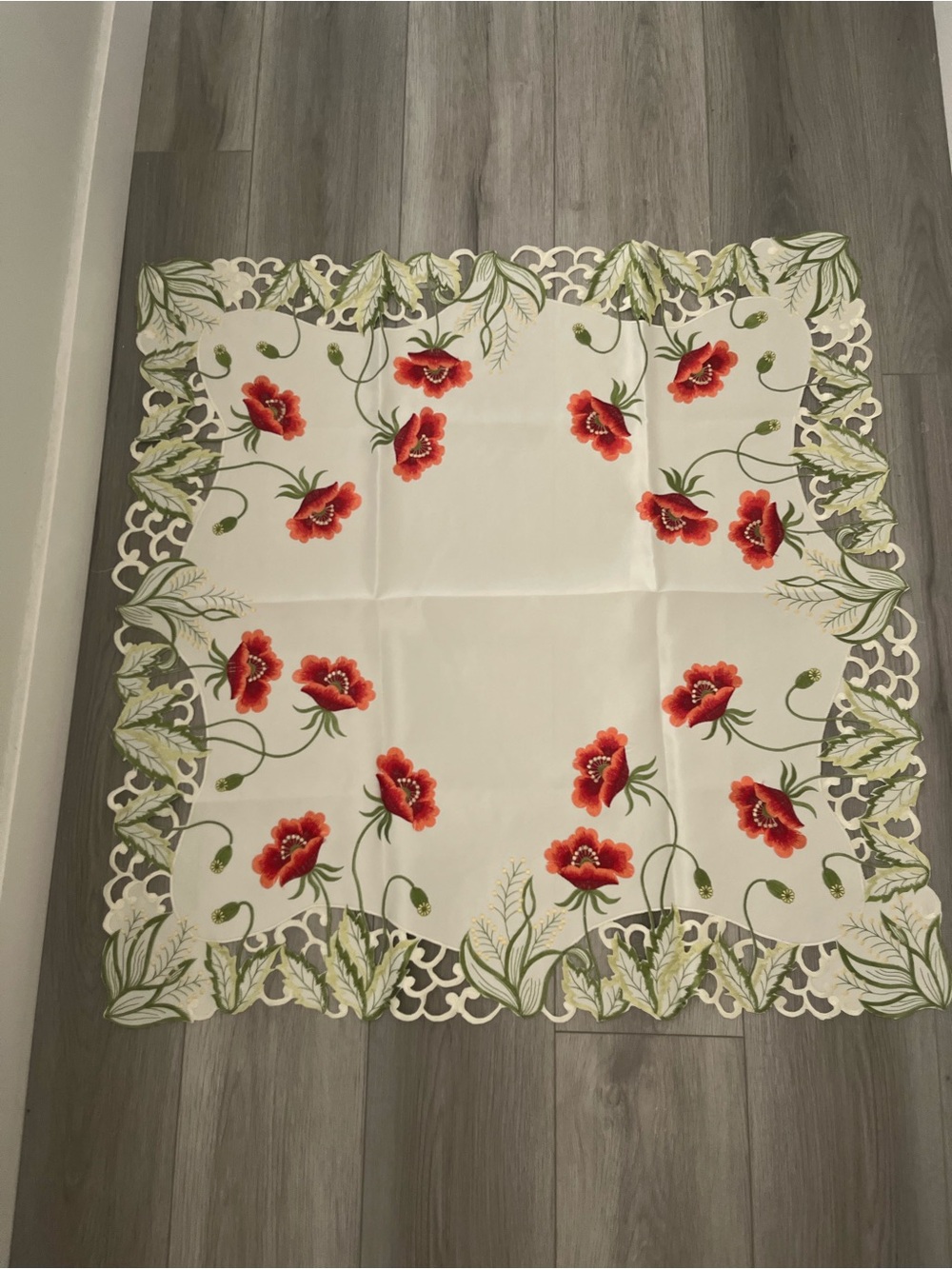 Embroidered Poppy Tablecloth - White with Red Poppies